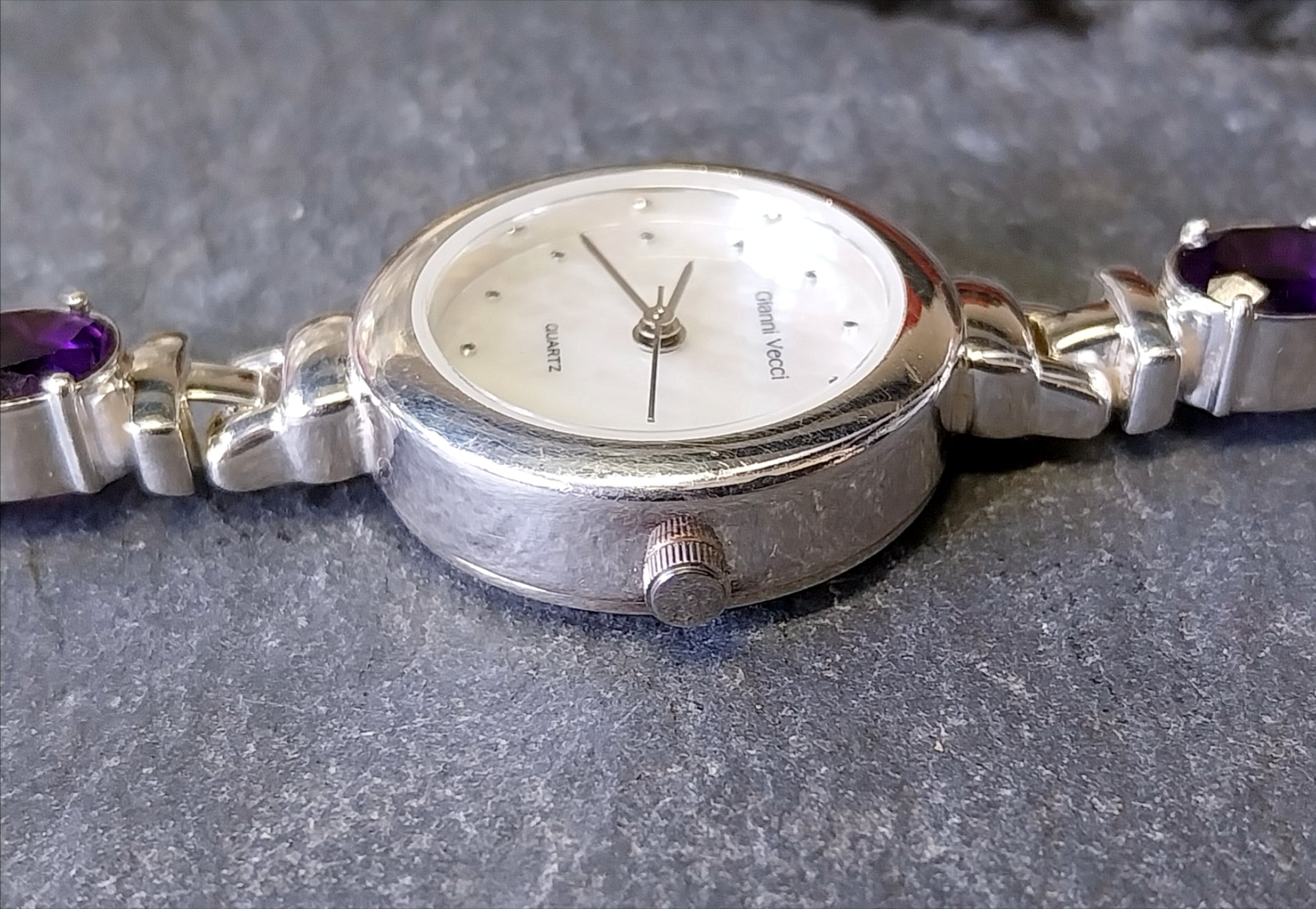 Beautiful Vintage Sterling Silver WATCH - with Amethyst in Strap 18cm - 43g