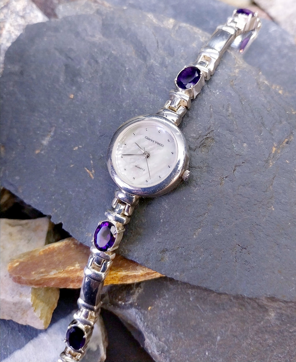 Beautiful Vintage Sterling Silver WATCH - with Amethyst in Strap 18cm - 43g