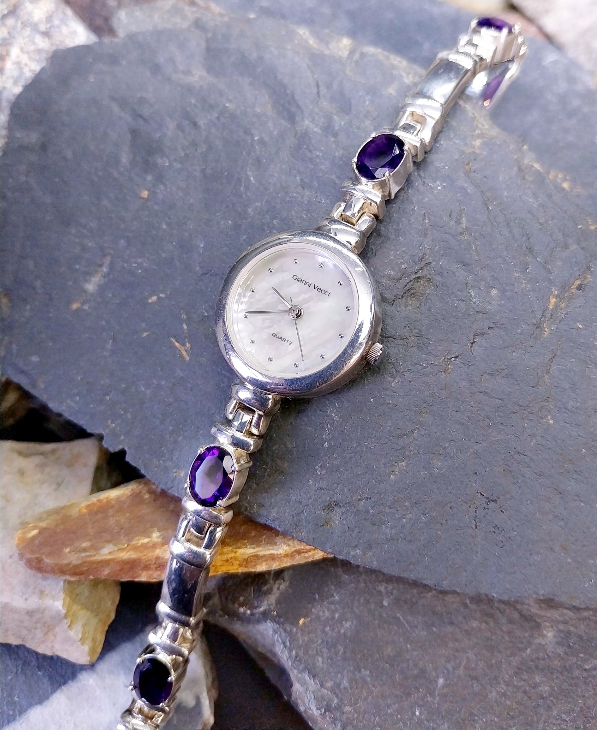 Beautiful Vintage Sterling Silver WATCH - with Amethyst in Strap 18cm - 43g
