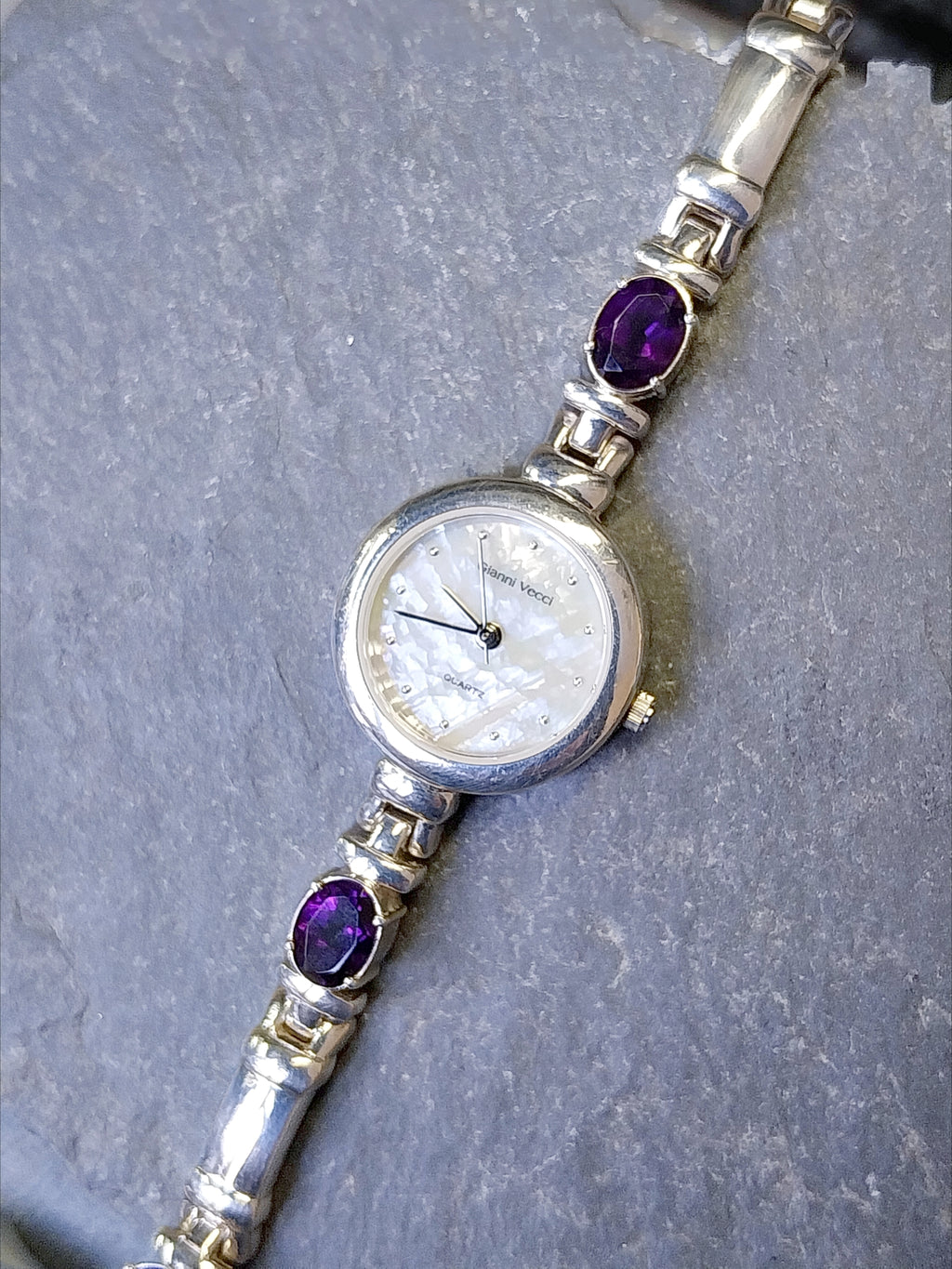 Beautiful Vintage Sterling Silver WATCH - with Amethyst in Strap 18cm - 43g