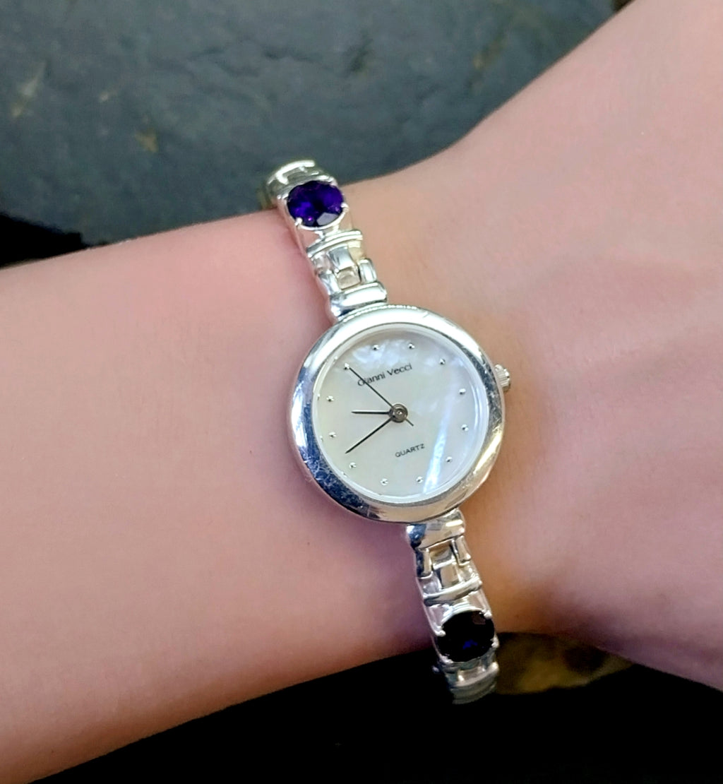 Beautiful Vintage Sterling Silver WATCH - with Amethyst in Strap 18cm - 43g