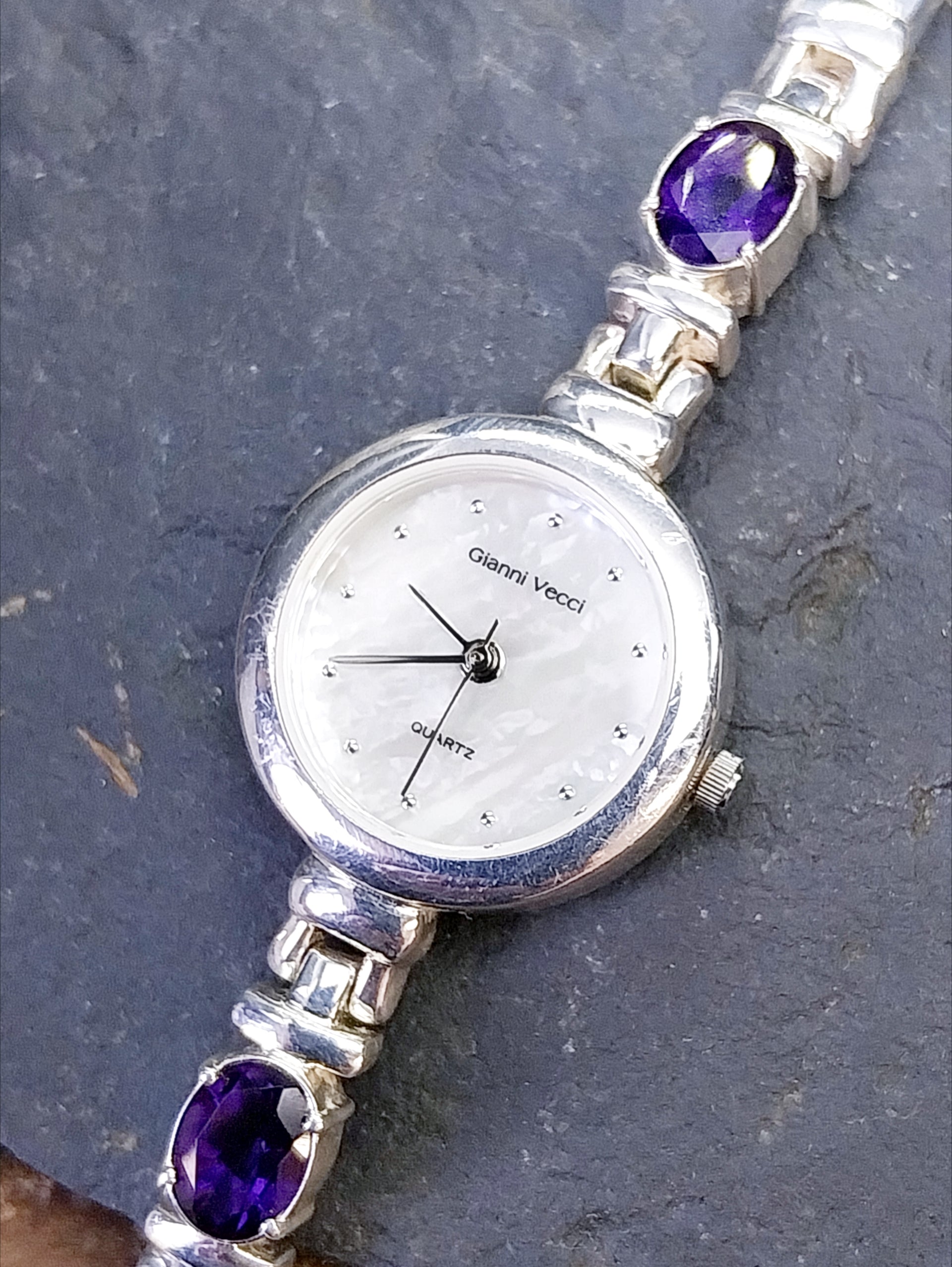 Beautiful Vintage Sterling Silver WATCH - with Amethyst in Strap 18cm - 43g