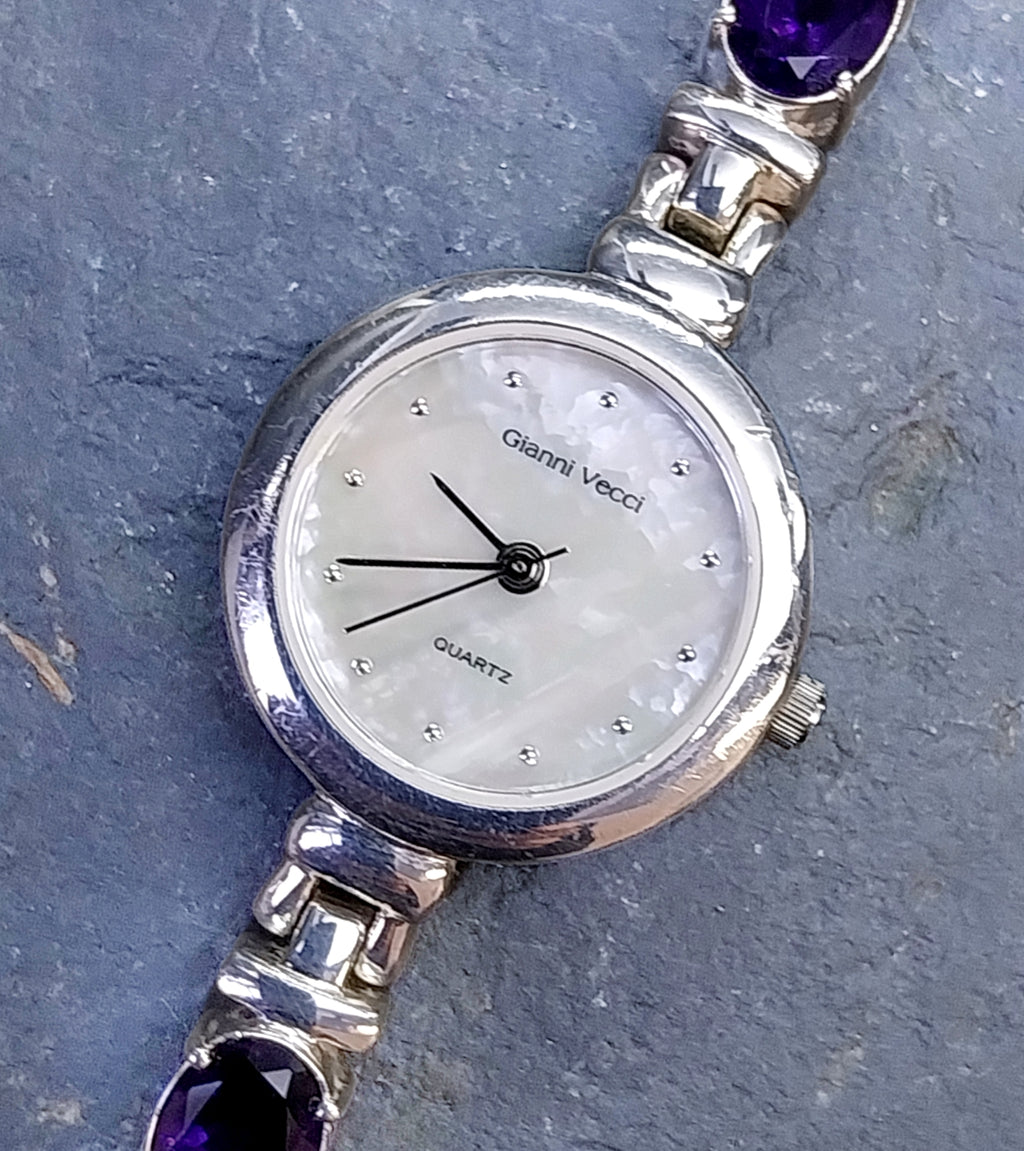 Beautiful Vintage Sterling Silver WATCH - with Amethyst in Strap 18cm - 43g