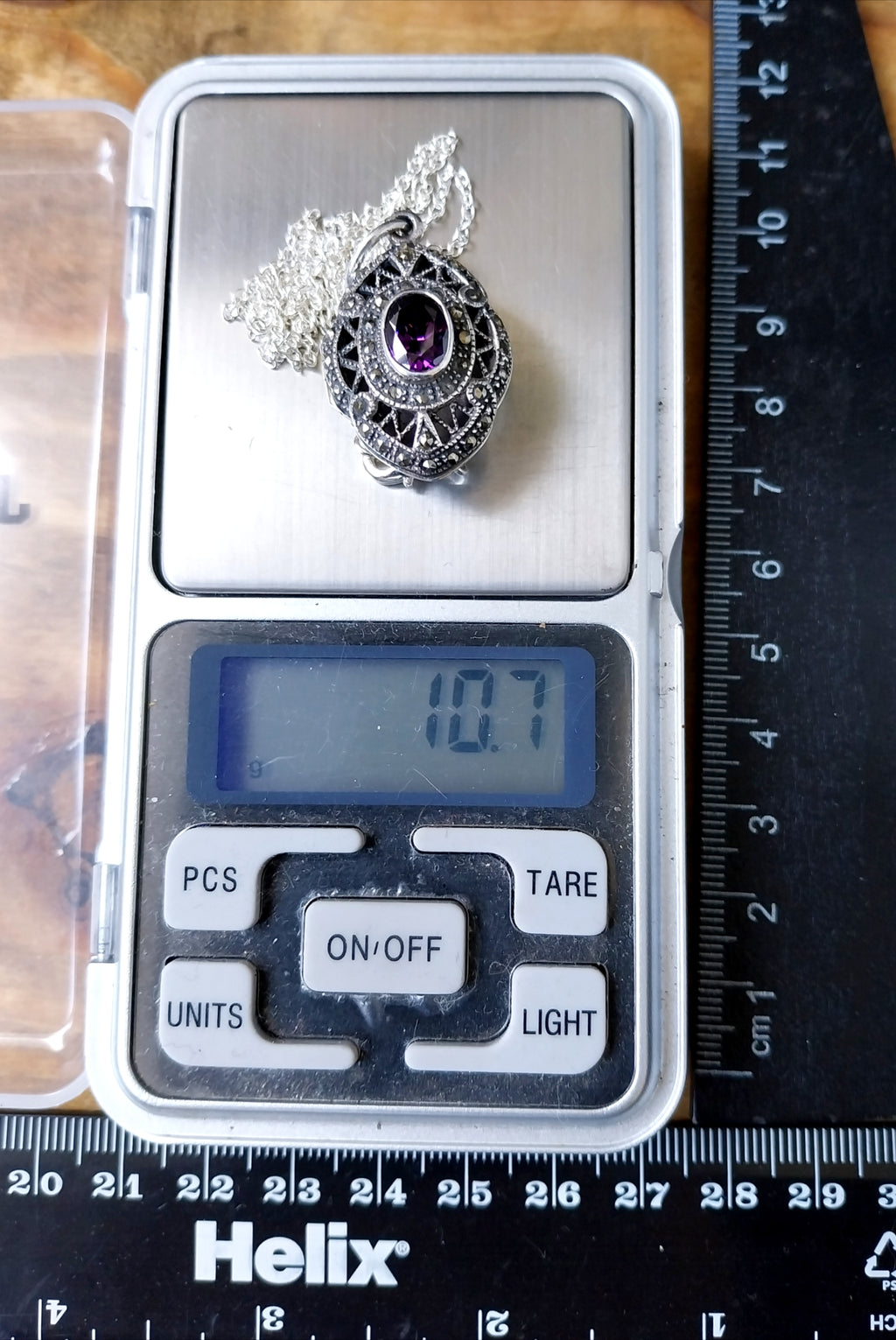 Vintage STERLING SILVER LOCKET with Marcasites and Amethyst on 22" Chain - 10.7g
