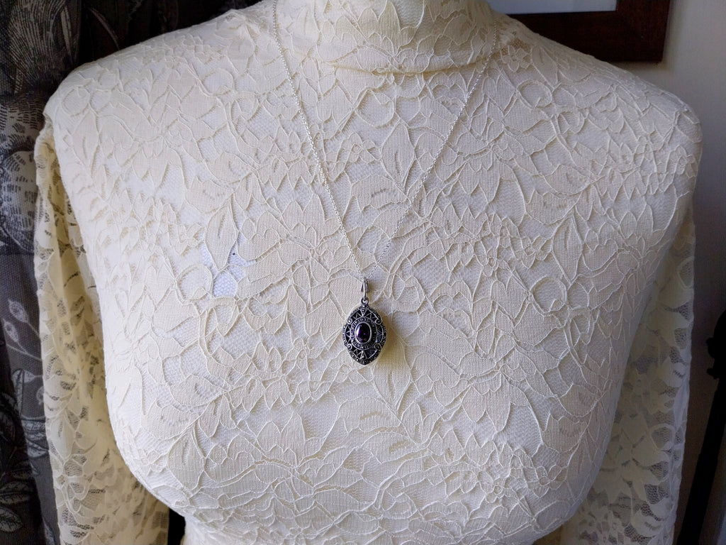 Vintage STERLING SILVER LOCKET with Marcasites and Amethyst on 22" Chain - 10.7g