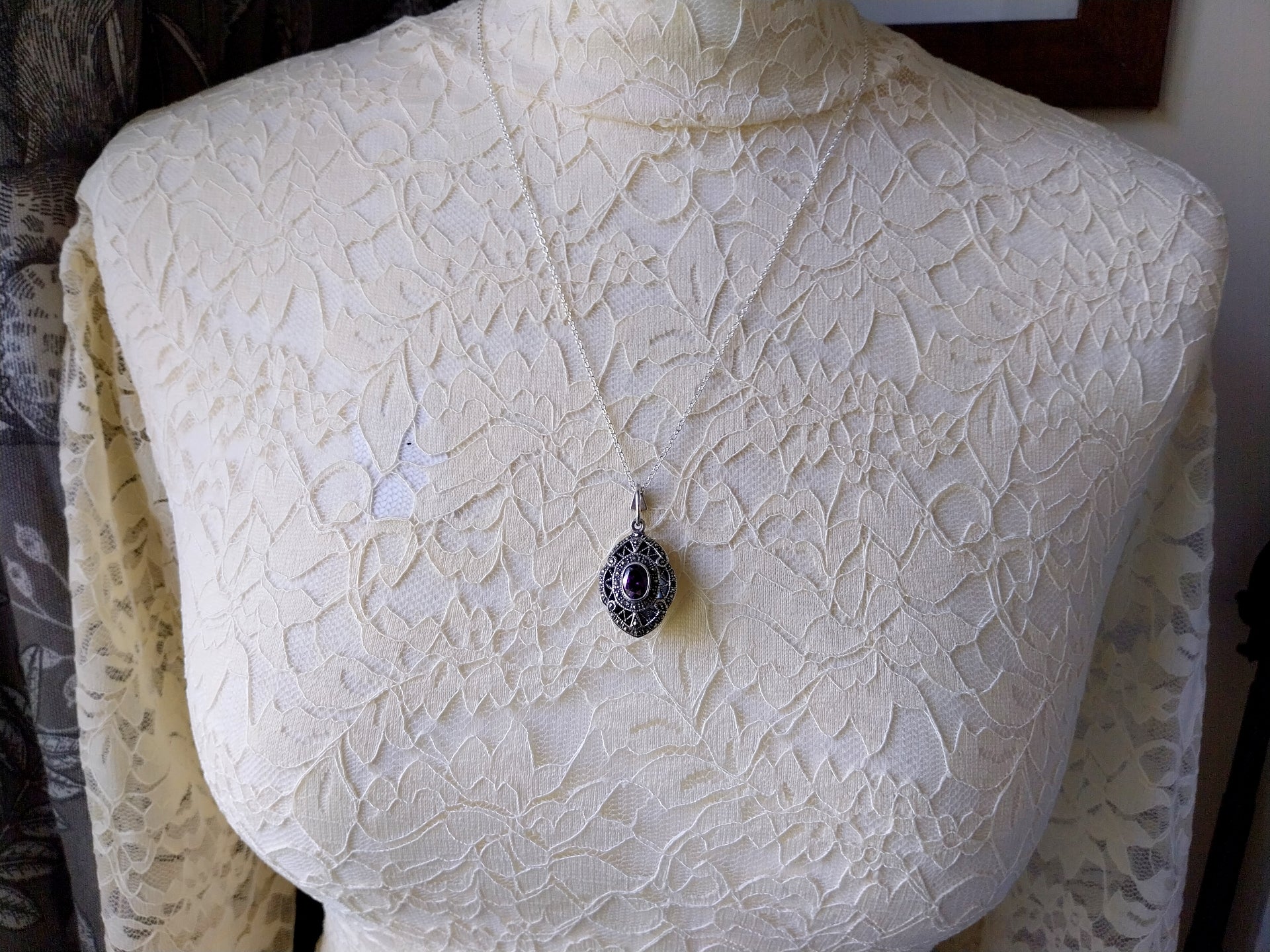 Vintage STERLING SILVER LOCKET with Marcasites and Amethyst on 22" Chain - 10.7g