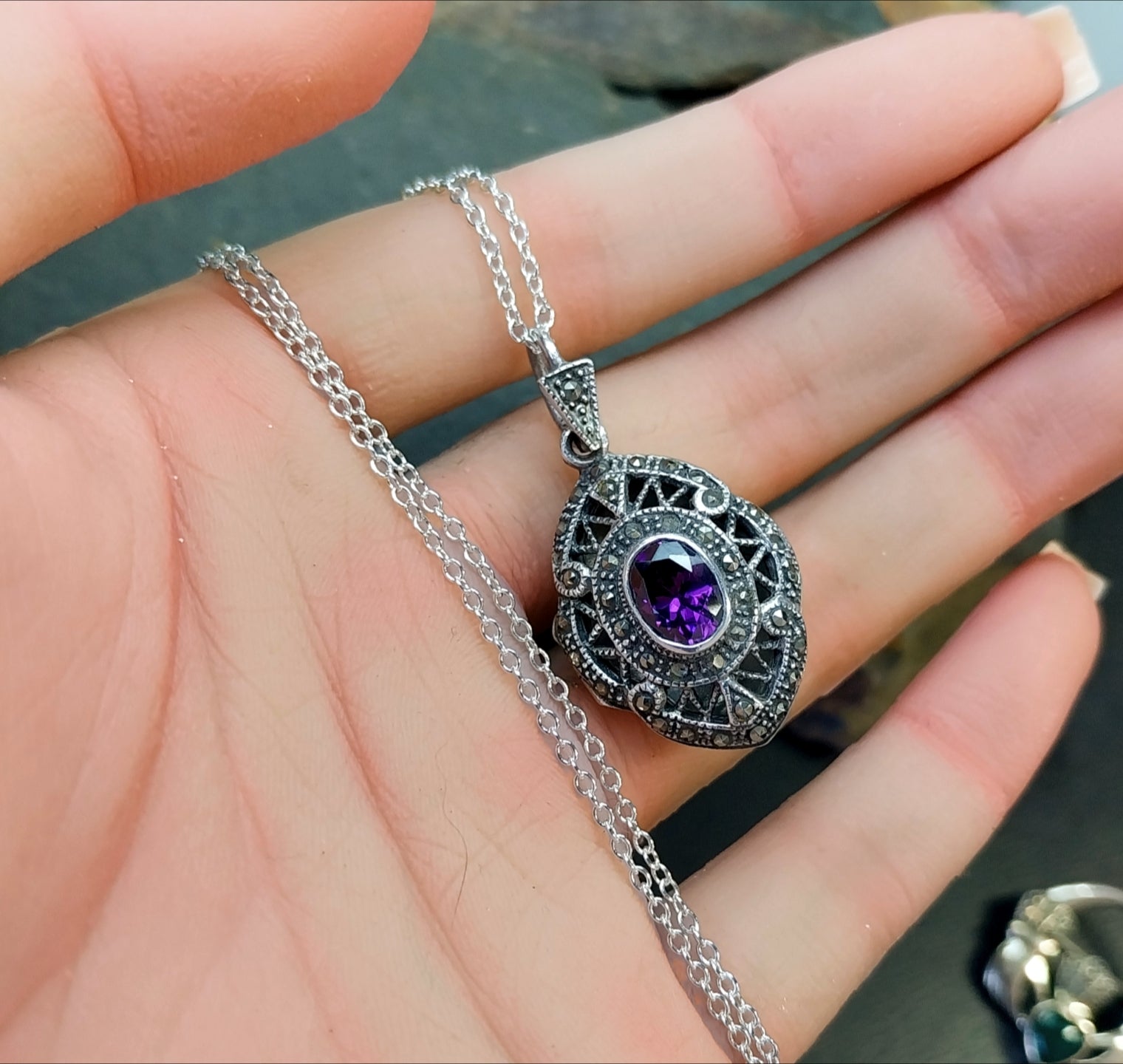 Vintage STERLING SILVER LOCKET with Marcasites and Amethyst on 22" Chain - 10.7g