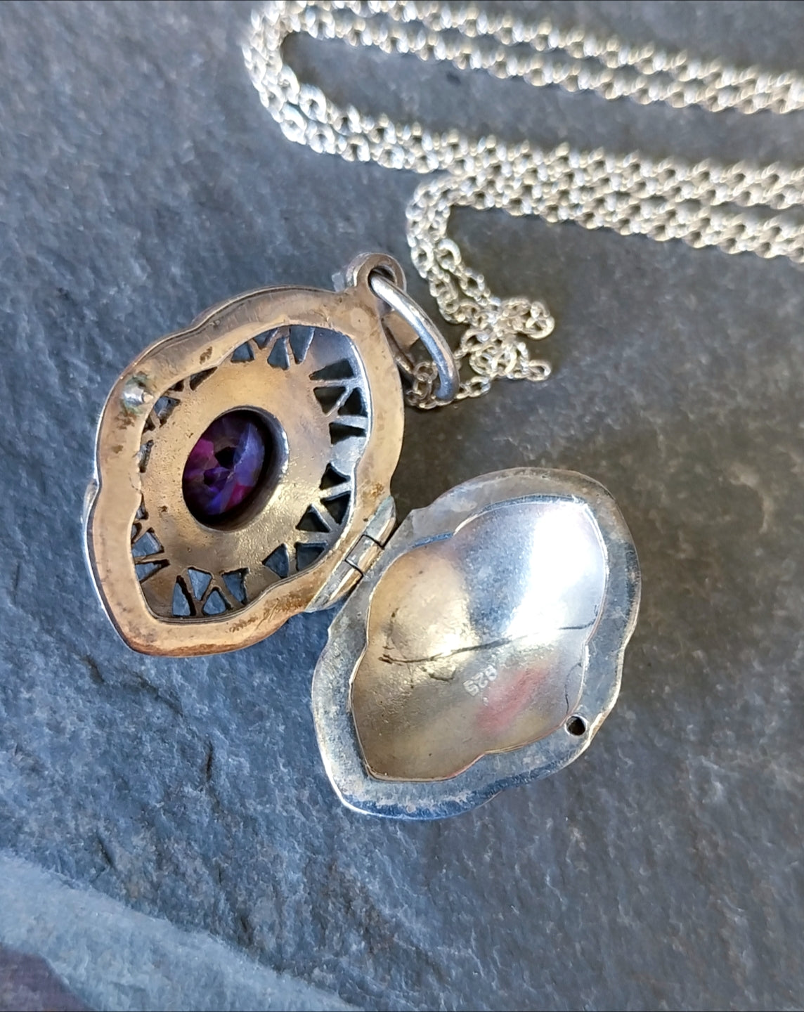 Vintage STERLING SILVER LOCKET with Marcasites and Amethyst on 22" Chain - 10.7g