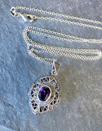 Vintage STERLING SILVER LOCKET with Marcasites and Amethyst on 22" Chain - 10.7g