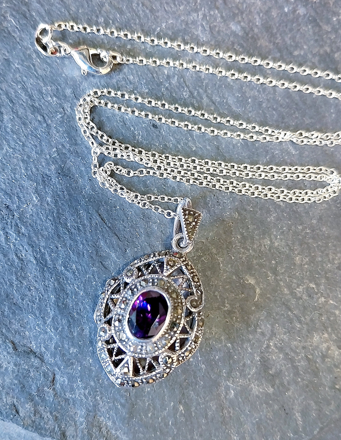 Vintage STERLING SILVER LOCKET with Marcasites and Amethyst on 22" Chain - 10.7g