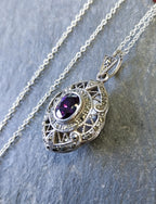 Vintage STERLING SILVER LOCKET with Marcasites and Amethyst on 22" Chain - 10.7g