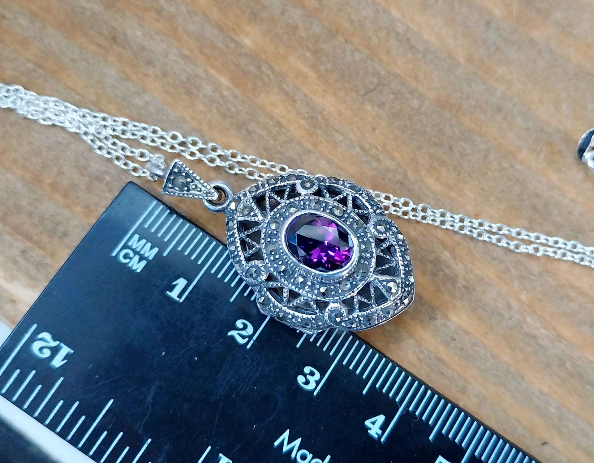 Vintage STERLING SILVER LOCKET with Marcasites and Amethyst on 22" Chain - 10.7g