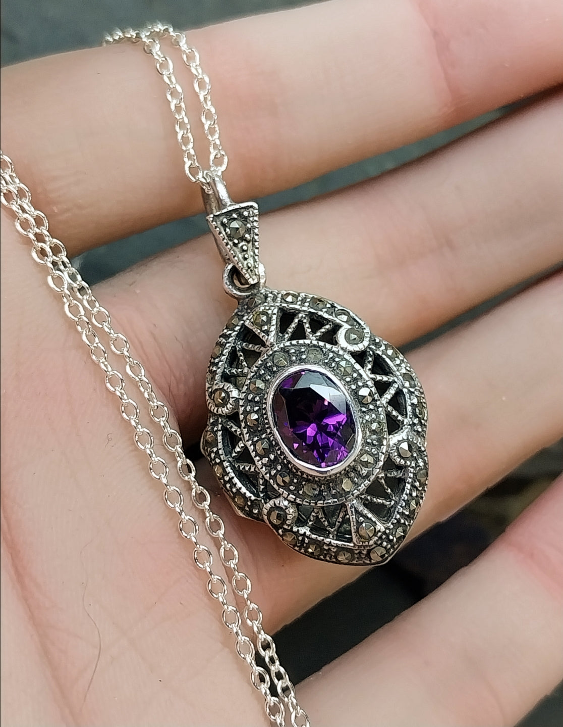 Vintage STERLING SILVER LOCKET with Marcasites and Amethyst on 22" Chain - 10.7g