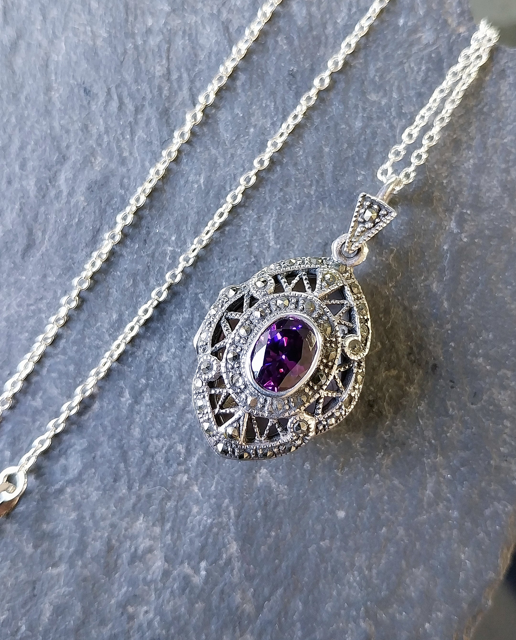 Vintage STERLING SILVER LOCKET with Marcasites and Amethyst on 22" Chain - 10.7g