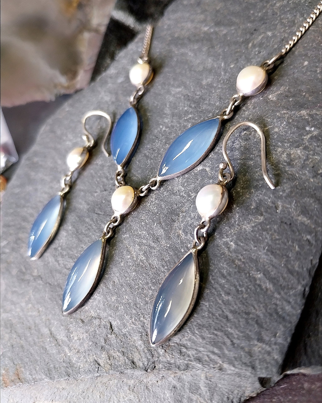Sterling SILVER & Moonstone Necklace and Matching Earrings Gift Set 18" - 13.2g