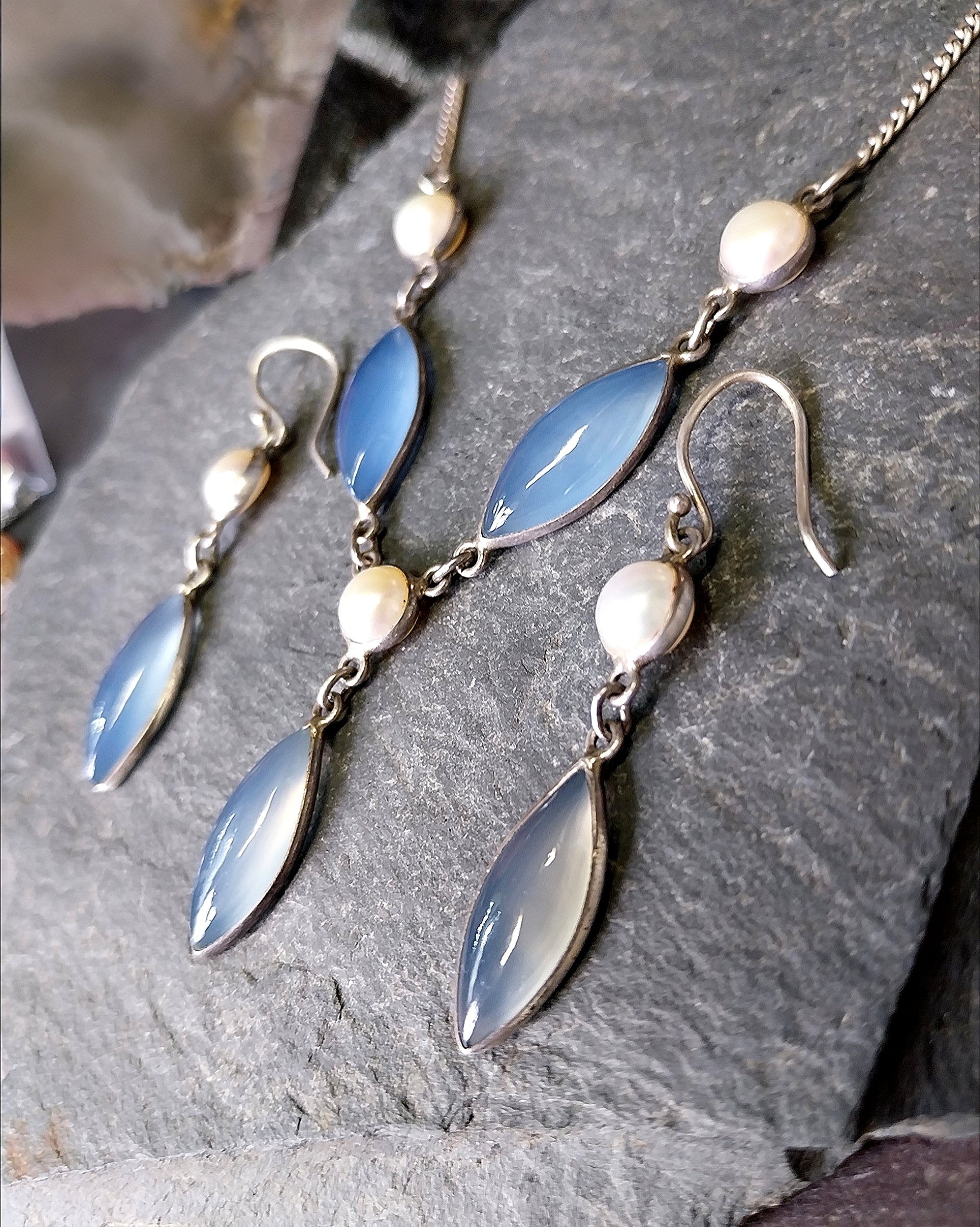 Sterling SILVER & Moonstone Necklace and Matching Earrings Gift Set 18" - 13.2g