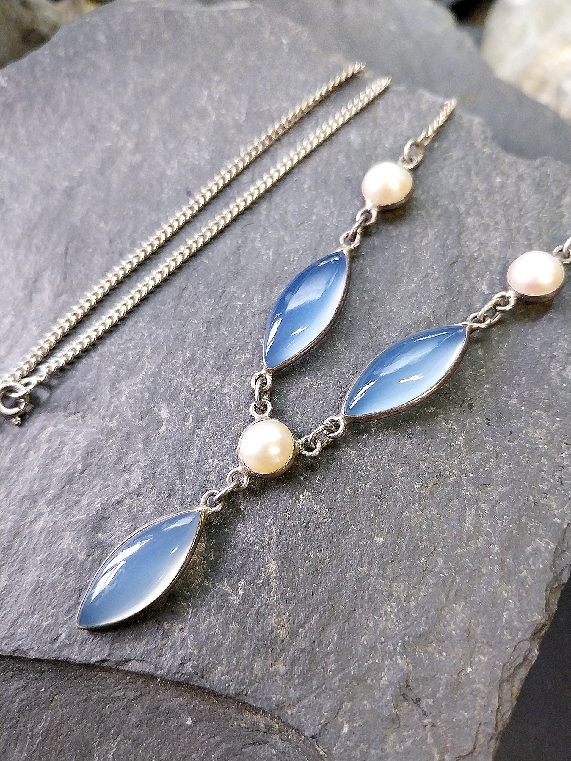 Sterling SILVER & Moonstone Necklace and Matching Earrings Gift Set 18" - 13.2g