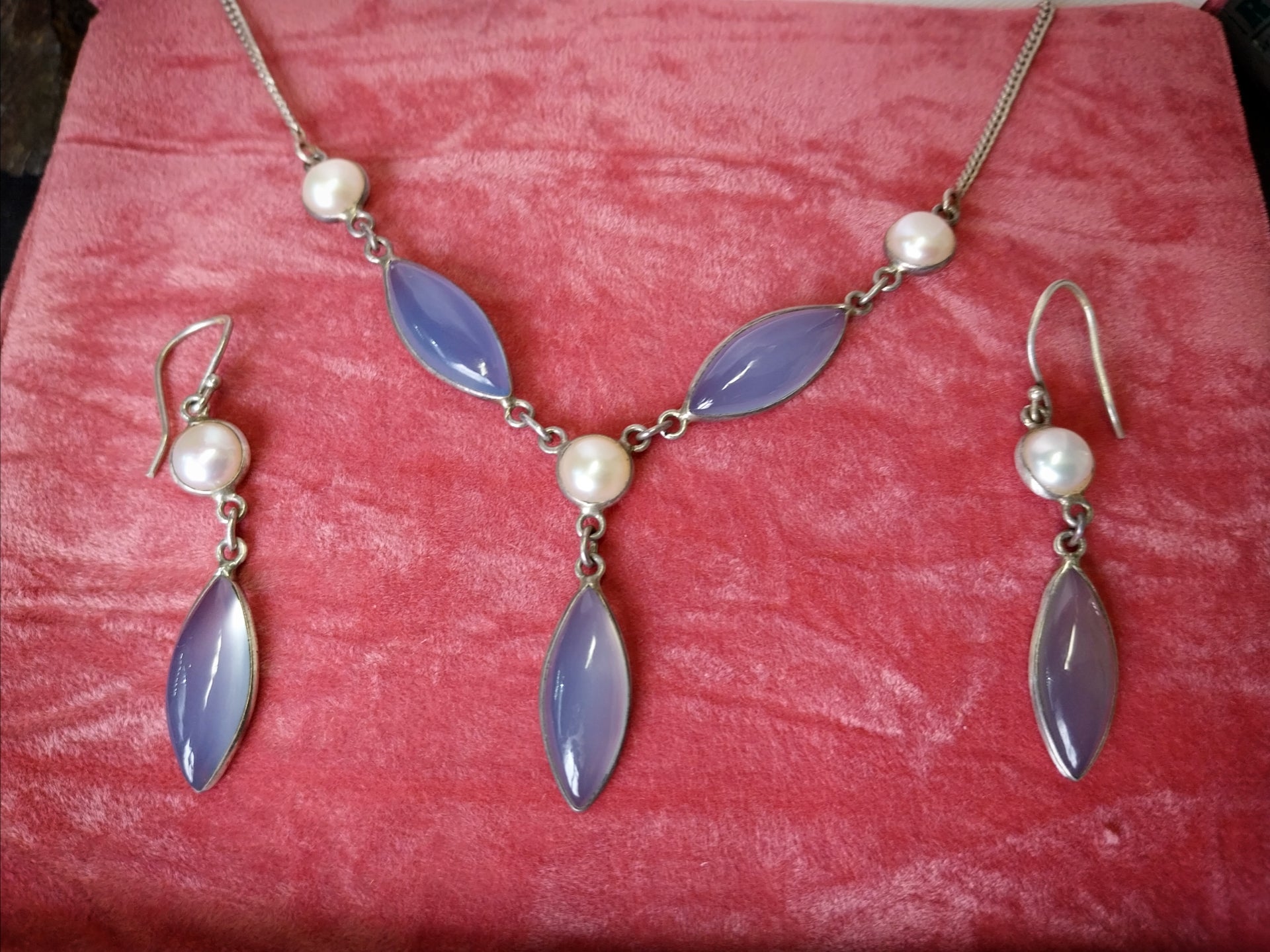 Sterling SILVER & Moonstone Necklace and Matching Earrings Gift Set 18" - 13.2g