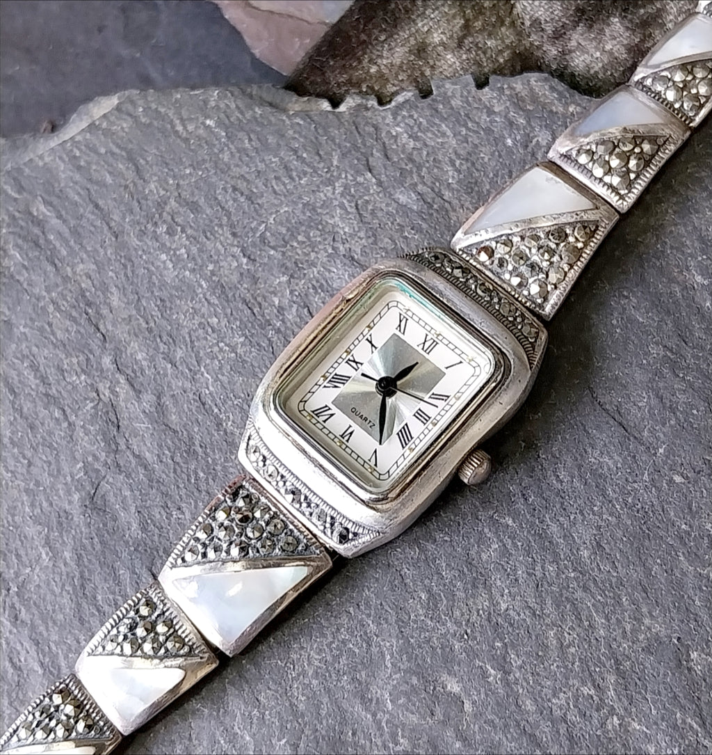 Vintage Sterling Silver WATCH - with Mother of Pearl Strap 18cm - 35.5g