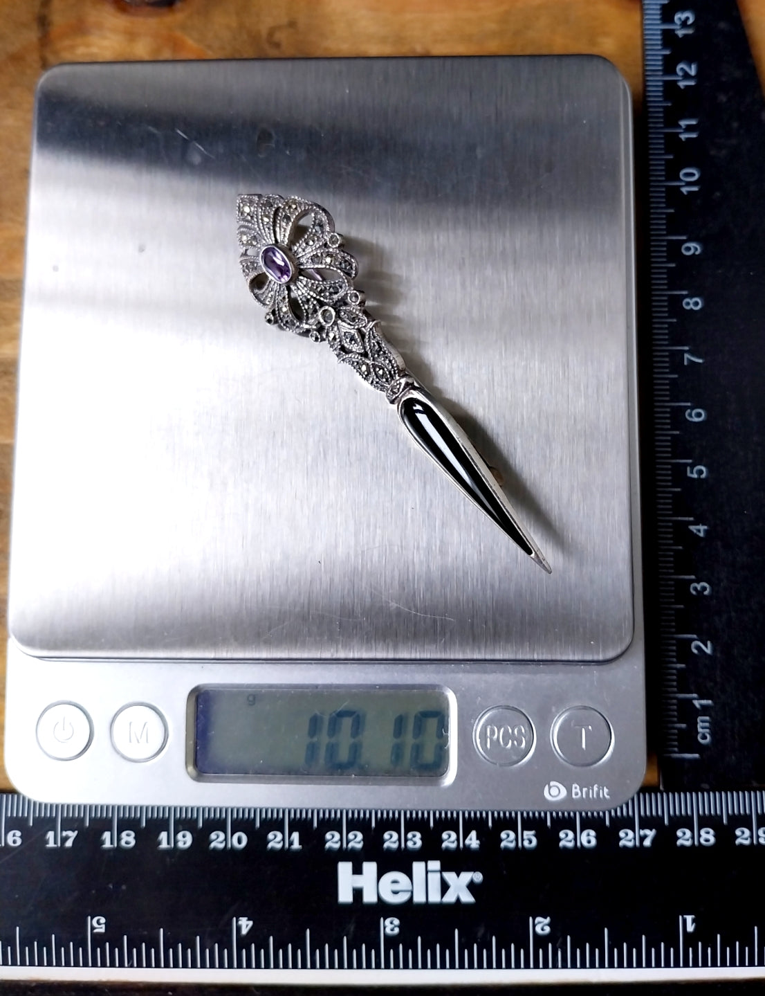 Vintage Long Amethyst BROOCH Sterling Silver with Marcasites - 10.1g