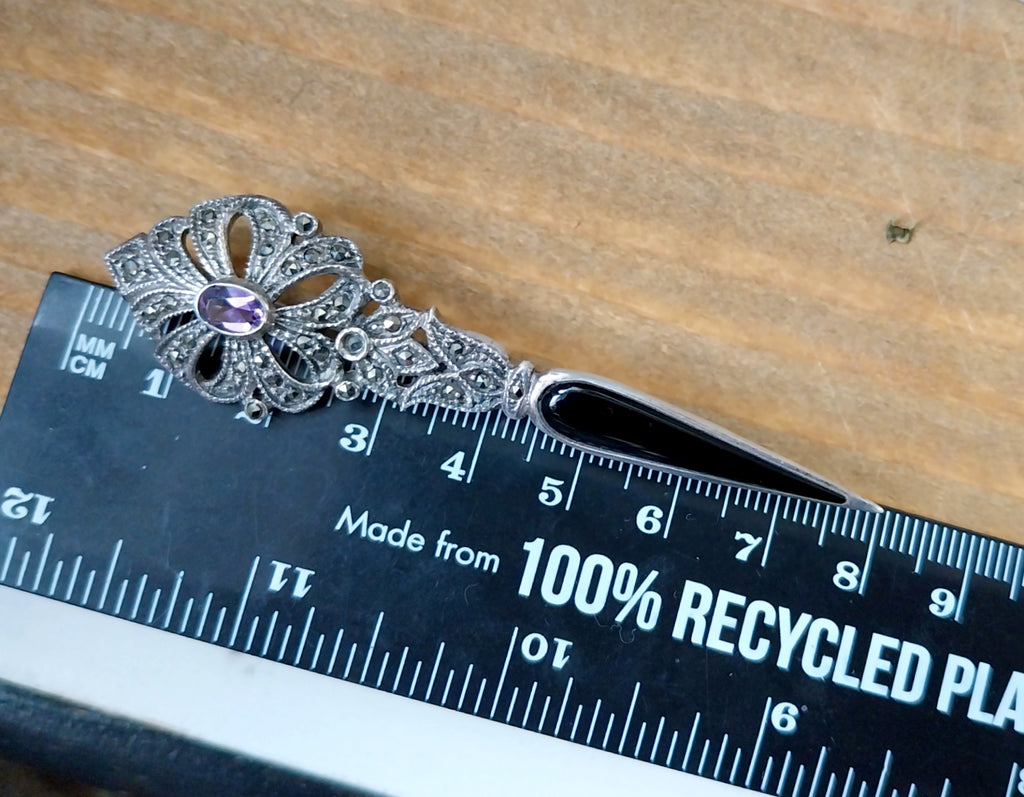 Vintage Long Amethyst BROOCH Sterling Silver with Marcasites - 10.1g