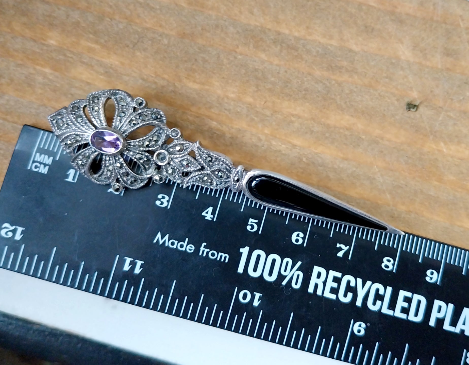 Vintage Long Amethyst BROOCH Sterling Silver with Marcasites - 10.1g
