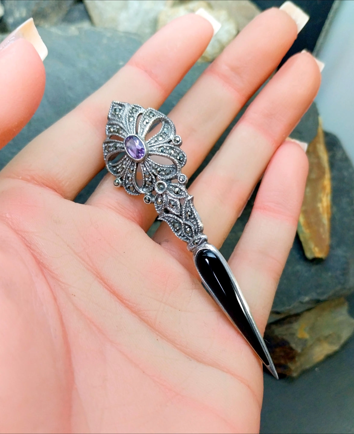 Vintage Long Amethyst BROOCH Sterling Silver with Marcasites - 10.1g