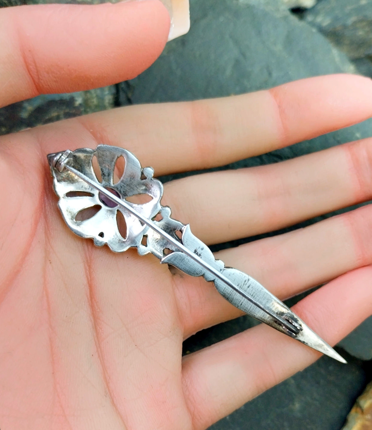 Vintage Long Amethyst BROOCH Sterling Silver with Marcasites - 10.1g