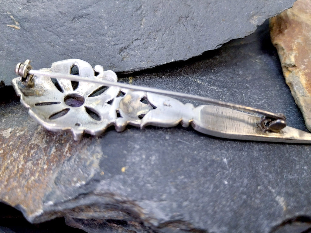 Vintage Long Amethyst BROOCH Sterling Silver with Marcasites - 10.1g