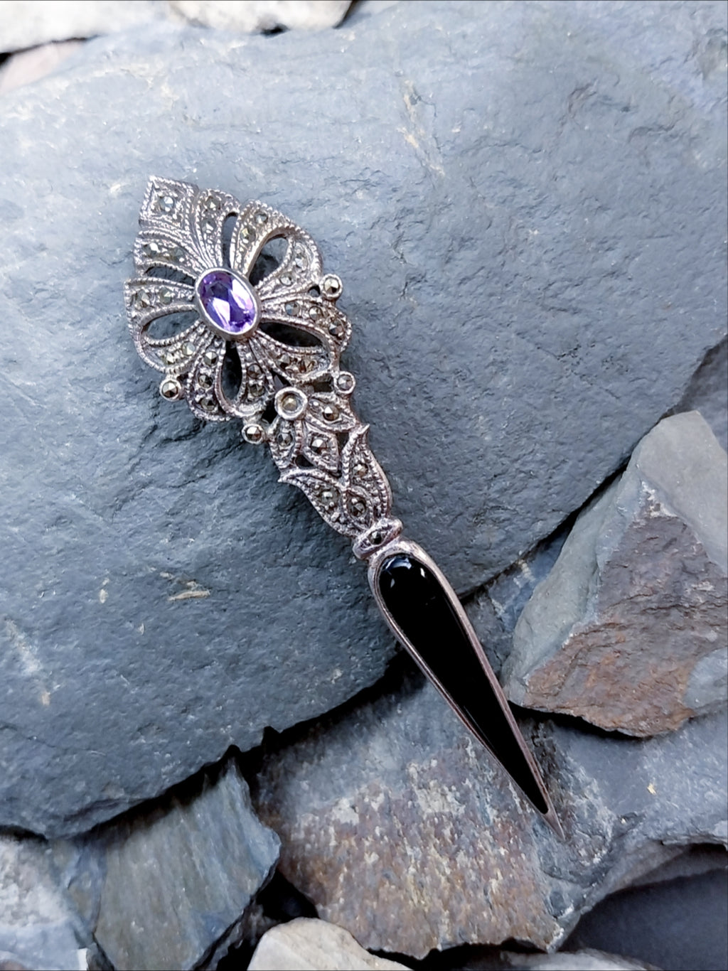 Vintage Long Amethyst BROOCH Sterling Silver with Marcasites - 10.1g