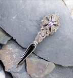 Vintage Long Amethyst BROOCH Sterling Silver with Marcasites - 10.1g