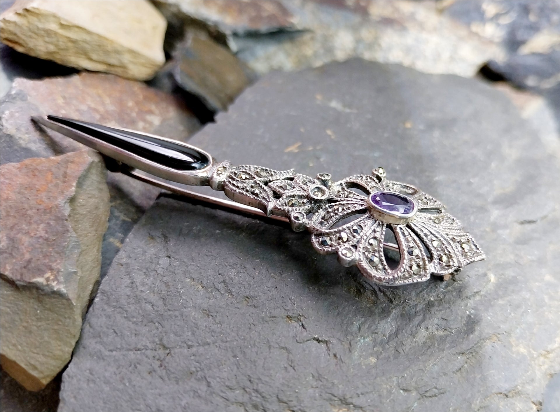 Vintage Long Amethyst BROOCH Sterling Silver with Marcasites - 10.1g