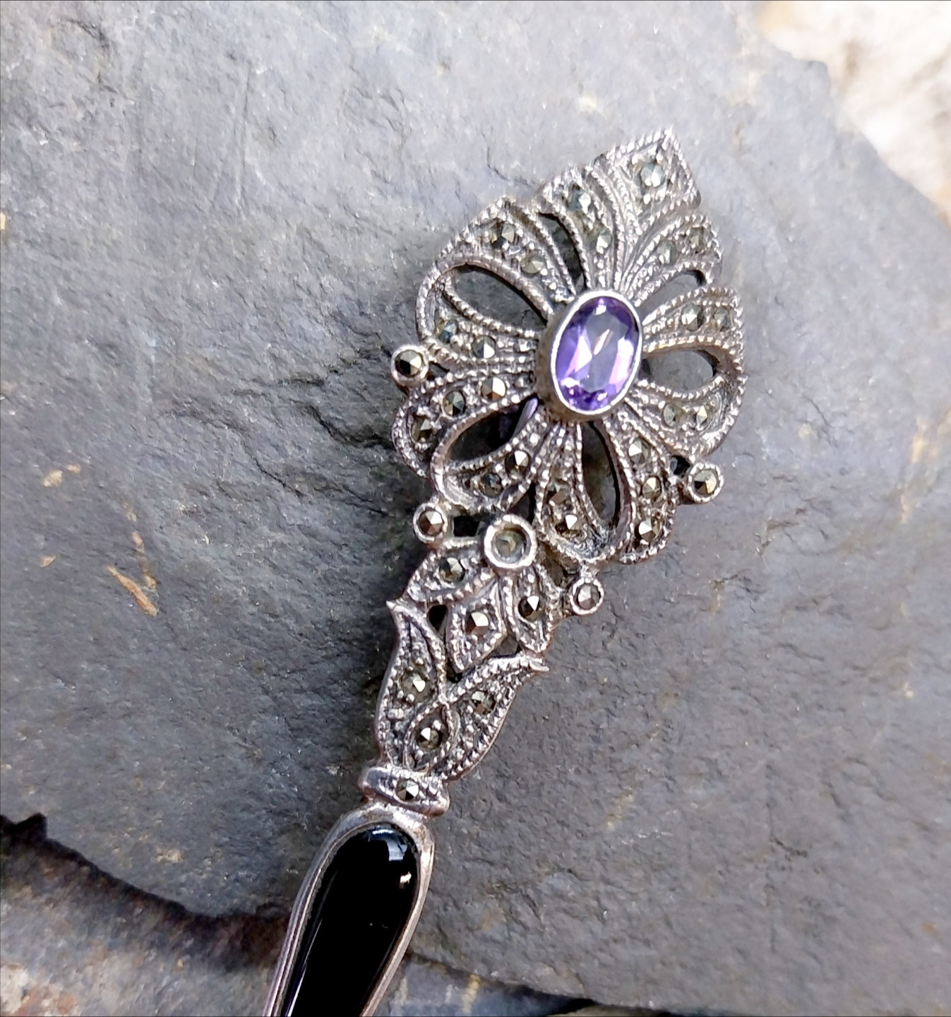Vintage Long Amethyst BROOCH Sterling Silver with Marcasites - 10.1g