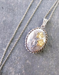 Vintage SILVER Oval LOCKET - with Gold Flowers on 17" Chain - 5g
