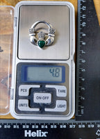 Vintage Sterling Silver Claddagh Brooch & Green Stone - 4.8g