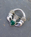 Vintage Sterling Silver Claddagh Brooch & Green Stone - 4.8g