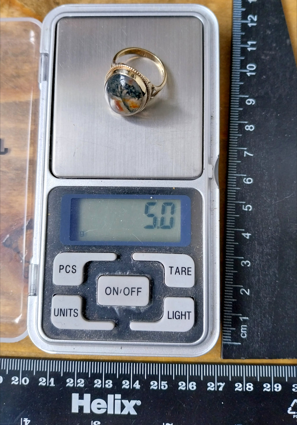 Vintage 9ct Gold MOSS AGATE Ring - Dendritic - c 1965 - Size uk M (us 6) - 5g