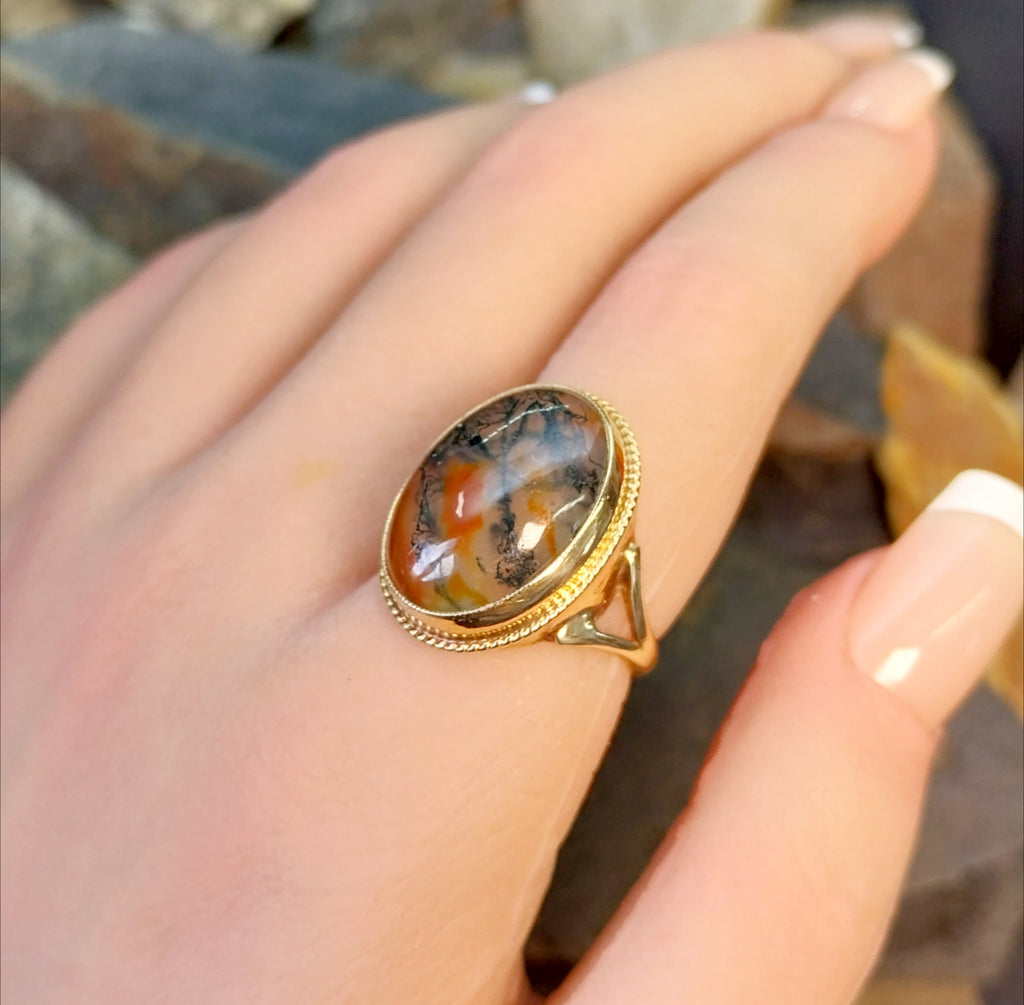 Vintage 9ct Gold MOSS AGATE Ring - Dendritic - c 1965 - Size uk M (us 6) - 5g