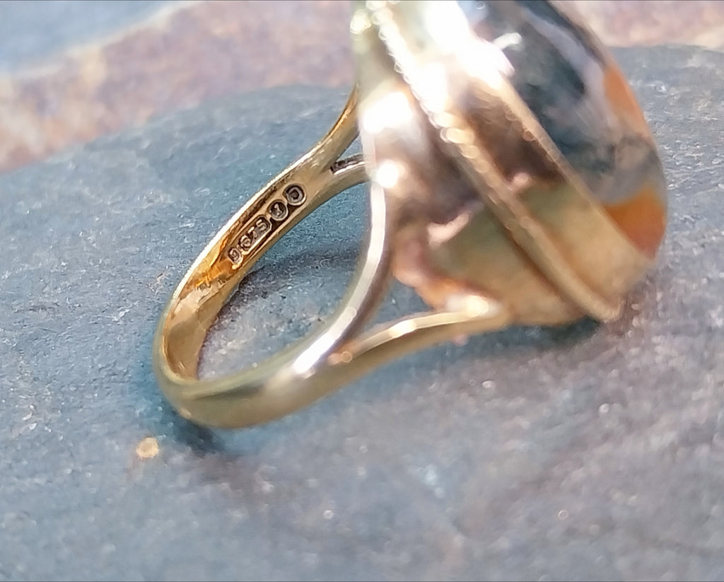 Vintage 9ct Gold MOSS AGATE Ring - Dendritic - c 1965 - Size uk M (us 6) - 5g