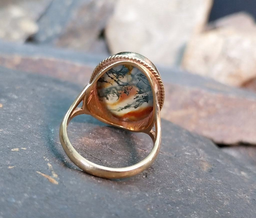 Vintage 9ct Gold MOSS AGATE Ring - Dendritic - c 1965 - Size uk M (us 6) - 5g