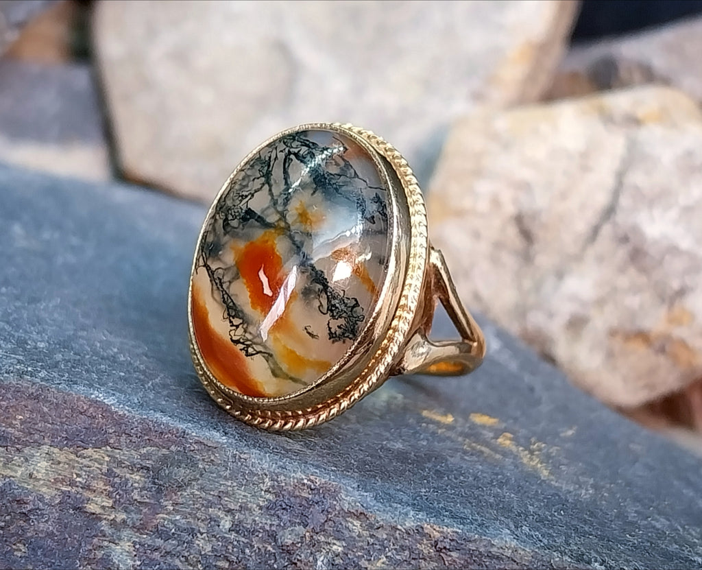Vintage 9ct Gold MOSS AGATE Ring - Dendritic - c 1965 - Size uk M (us 6) - 5g