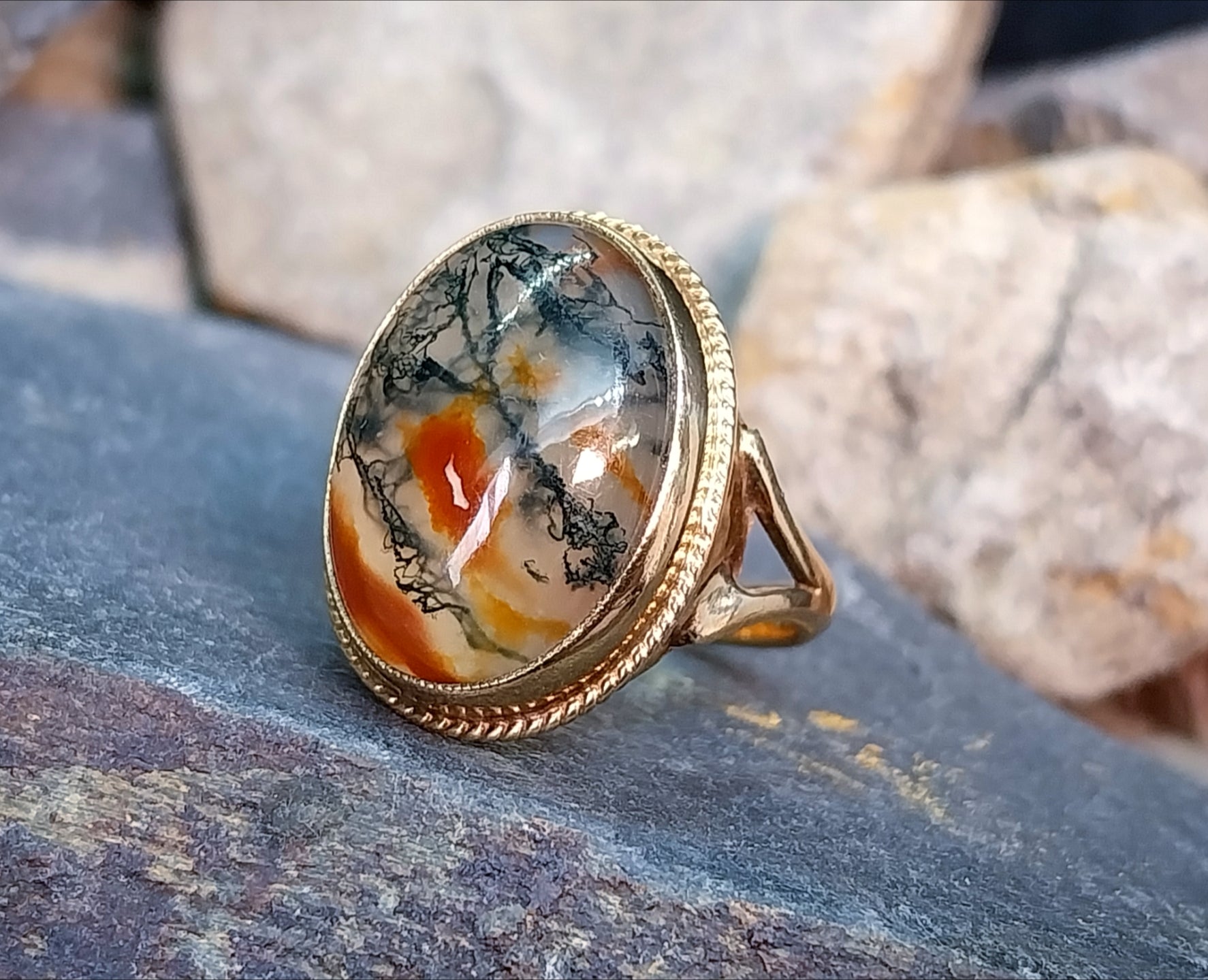 Vintage 9ct Gold MOSS AGATE Ring - Dendritic - c 1965 - Size uk M (us 6) - 5g