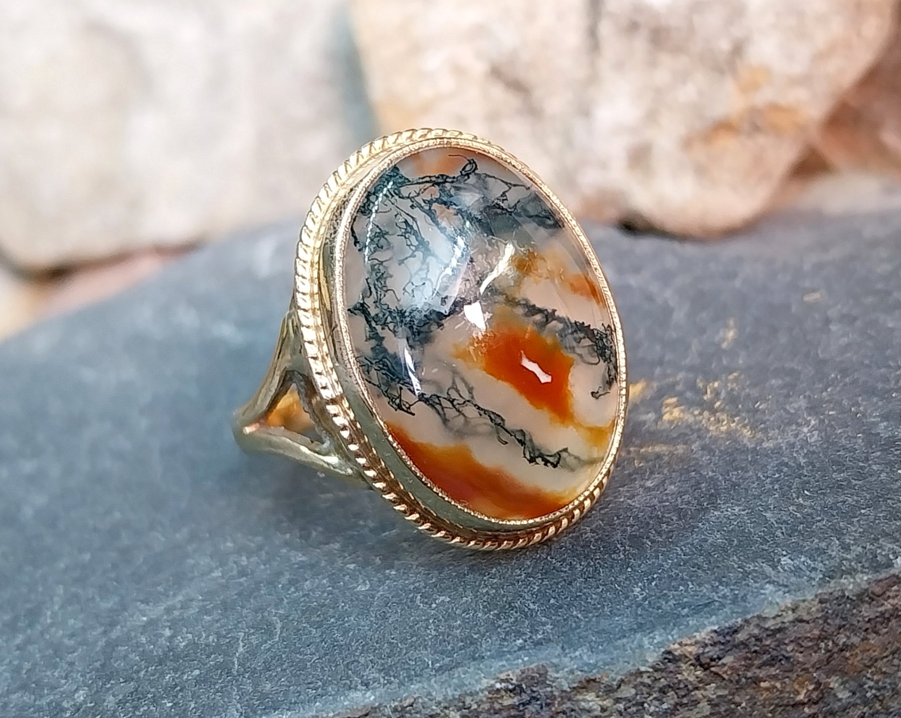 Vintage 9ct Gold MOSS AGATE Ring - Dendritic - c 1965 - Size uk M (us 6) - 5g
