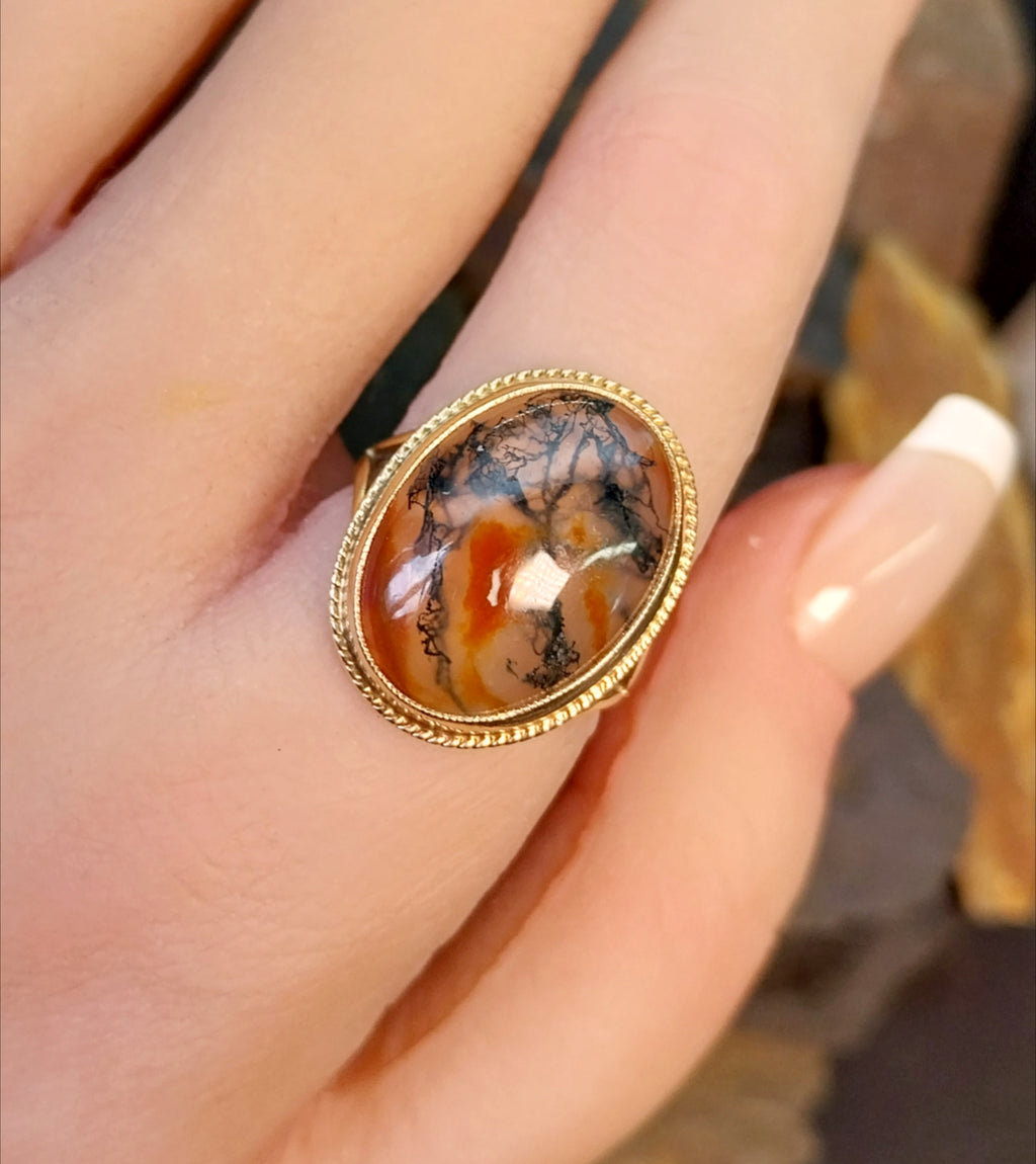 Vintage 9ct Gold MOSS AGATE Ring - Dendritic - c 1965 - Size uk M (us 6) - 5g