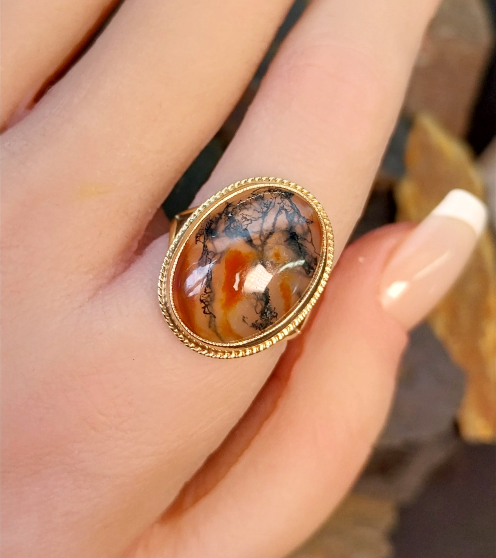 Vintage 9ct Gold MOSS AGATE Ring - Dendritic - c 1965 - Size uk M (us 6) - 5g