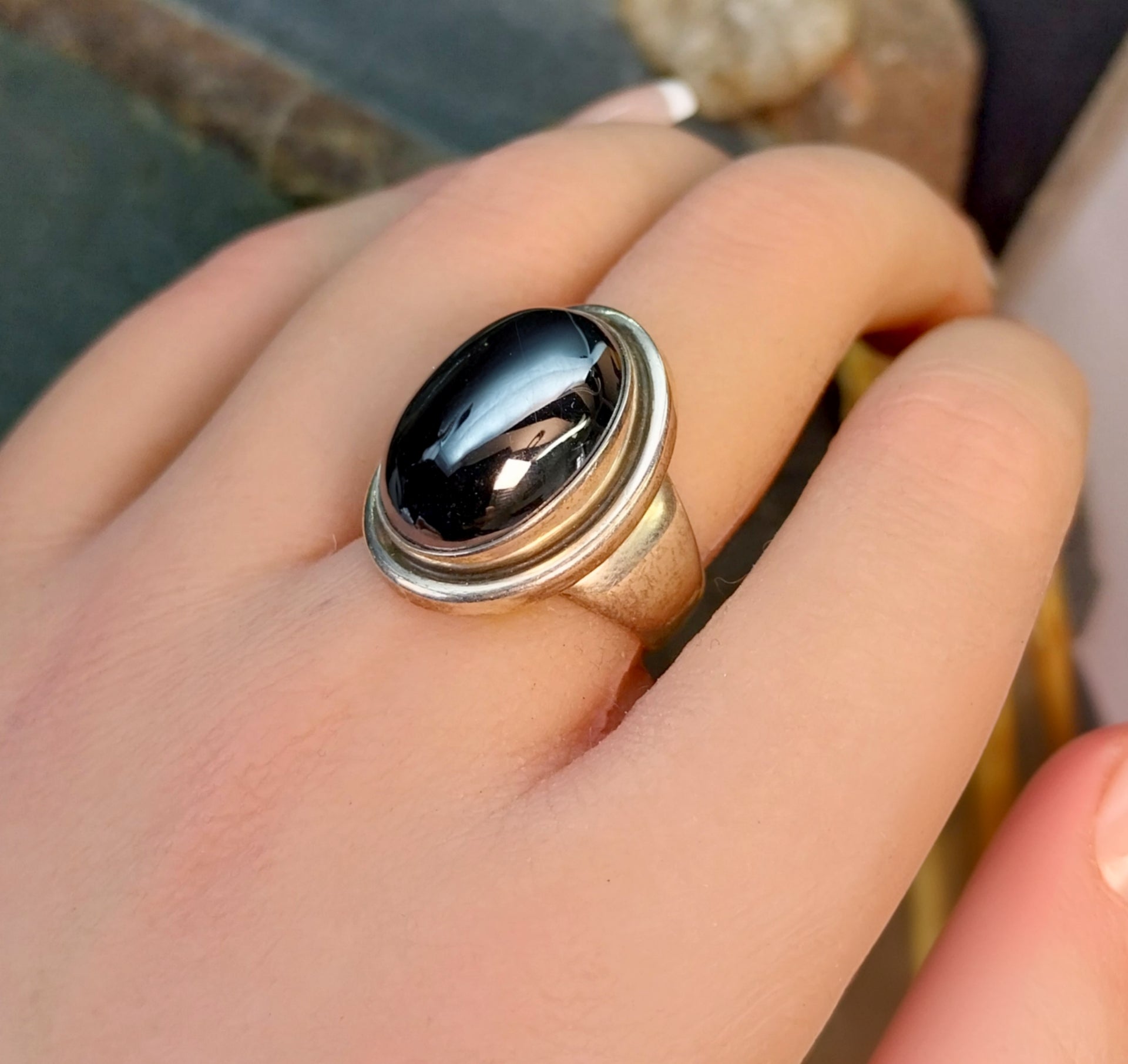 Georg Jensen Sterling Silver HEMATITE Ring Design 46A - size N 1/2 (7) - 12.7g