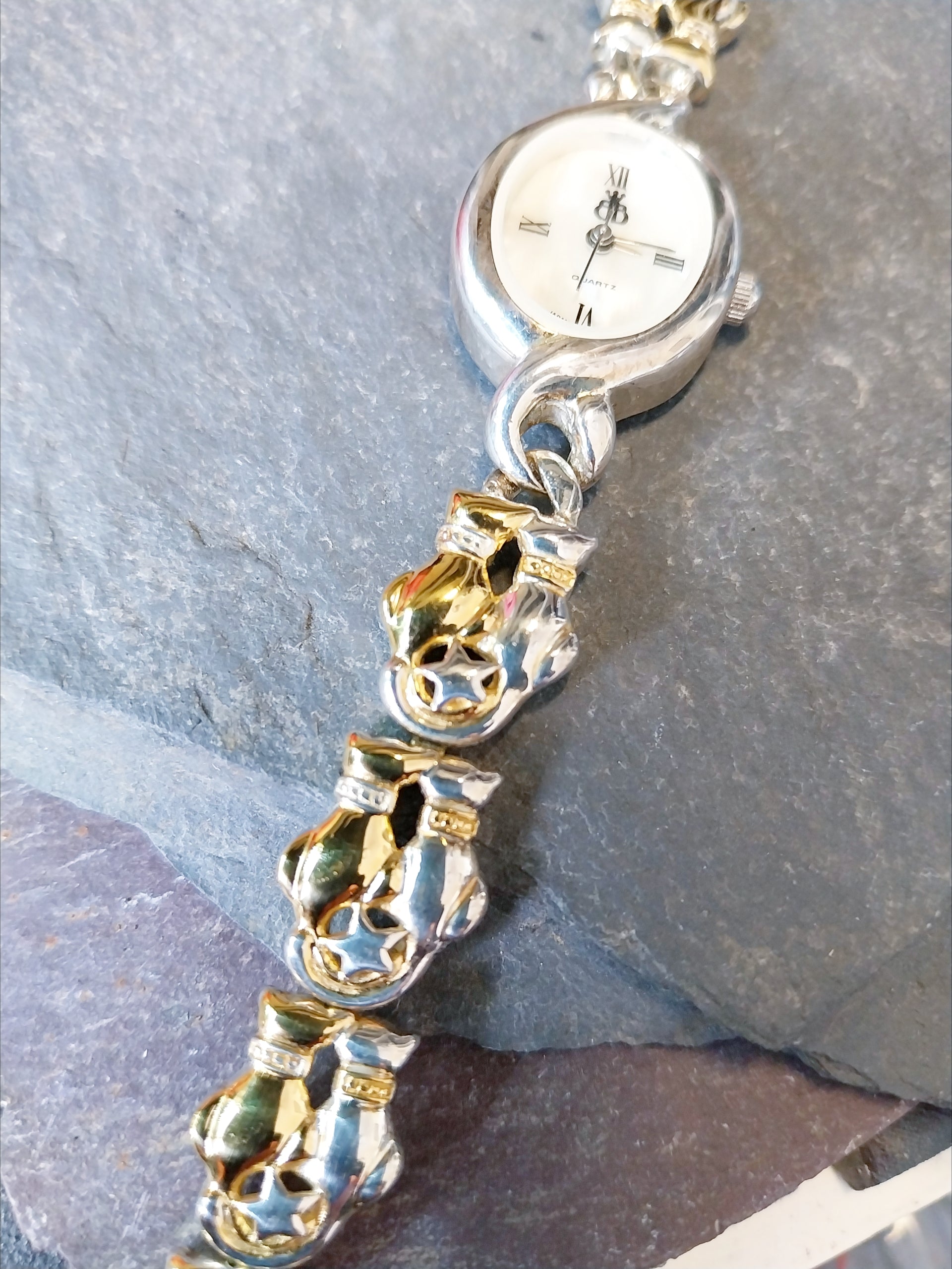 Vintage Sterling Silver WATCH - Double Cat bracelet Strap 18cm - 31.2g
