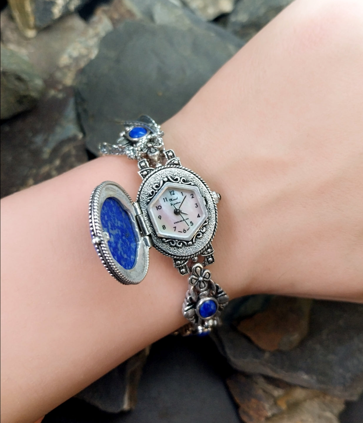 Vintage Sterling Silver WATCH - with Turquoise Gemstone Bracelet Strap 18cm 42g