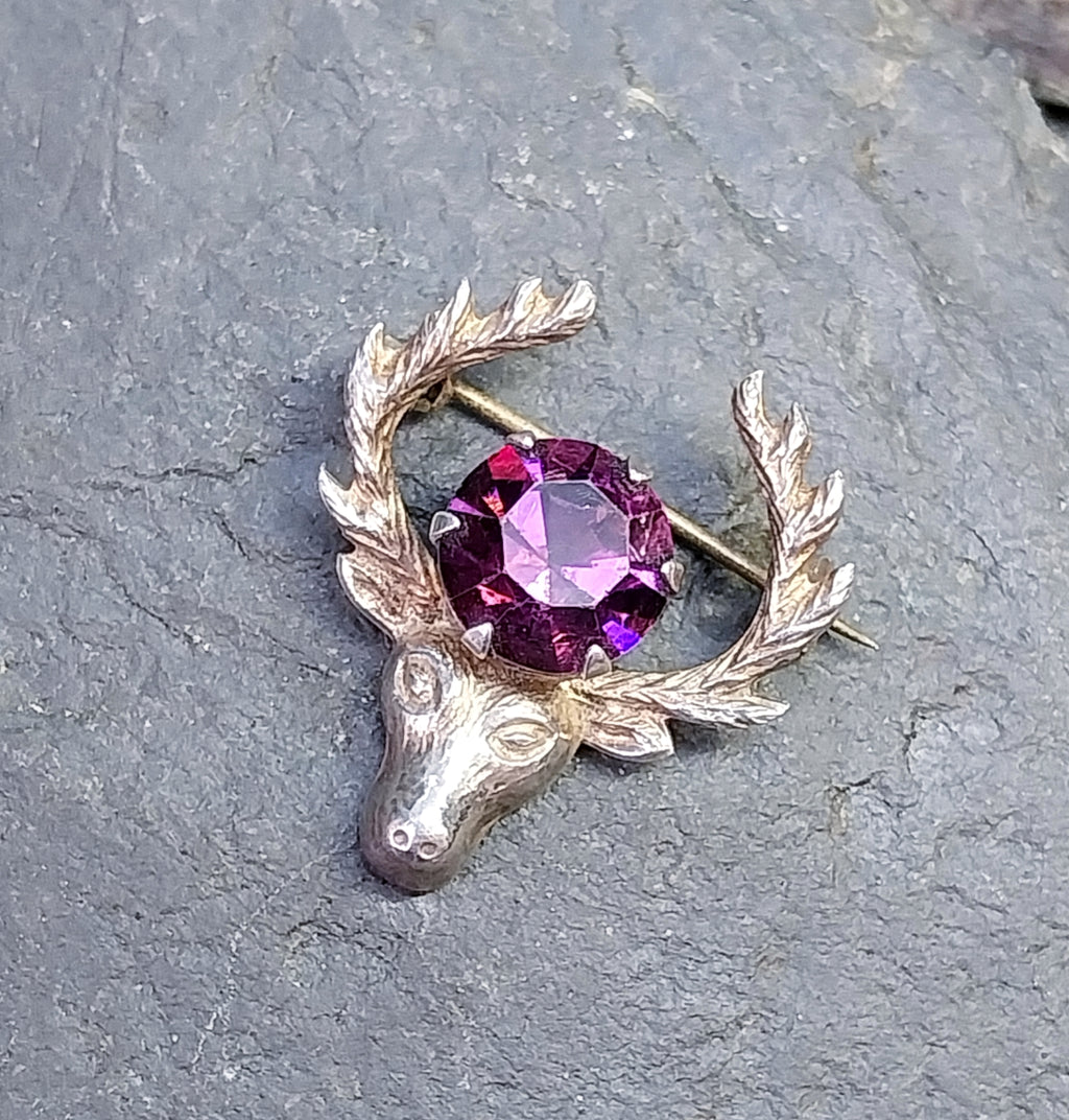 Vintage Silver STAG Antlers Brooch - with Purple Amethyst Stone- 3.4g
