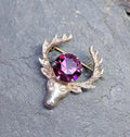 Vintage Silver STAG Antlers Brooch - with Purple Amethyst Stone- 3.4g